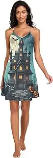 [RPLIFE] Spooky Haunted House Women Full Slips, Adjustable Spaghetti Strap V Neck Satin Nightgowns for Women