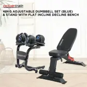Powertrain 48KG Adjustable Dumbbell Set (Blue) & Stand with Flat Bench