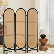 Artiss Room Divider, 3 Panels Rattan Folding Privacy Portable Screen Shelf Dividers Partition Wall Screens Home Pet Child Indoor Balcony Bedroom Furniture, Separator Water-Resistant Brown