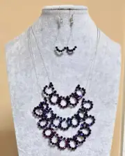 Three Layers Sparkle Purple Faceted Glass Bead Necklace Earring Set