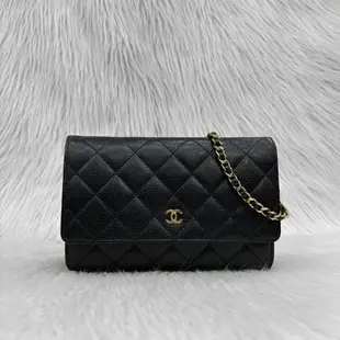 [二手] Chanel A33814黑金荔枝皮經典Coco斜背包 Woc