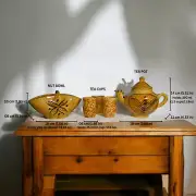 Handmade Yellow/Brown Pottery Ceramic Tea Set –Teapot, Cups & Nut Bowl –Algerian