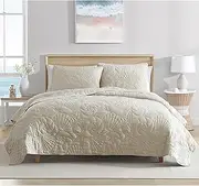 [Caribbean Joe] Full/Queen Outlined Shell 3-Piece Quilt Set, Coastal Beach Design Bedding, Sand