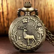 Steampunk 3D Elk Deer Pattern Men Women Quartz Pocket Watch Sweater Necklace