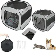 2-Pack Portable Cat Playpens with Flannel Mats, Foldable Pet Tents for Indoor & Outdoor Use, Travel-Friendly with Securing Pegs, Waterproof Cat Houses & Condos for Cats, Puppies, and Small Pets -Grey