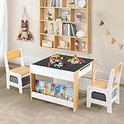 Kids Table and Chairs, 3 in 1 Wooden Activity Table with Storage, Reversible Tabletop, Chalkboard for Crafts, Drawing, Reading, Toddler Table and Chair Set for Playroom, Easy to Clean