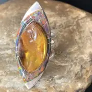 Gold Pomellato Amber & Opal Navajo Sterling Silver Inlay Ring Size 9 12850