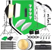 MSKIRA Photography Video Studio Lighting Kit 4x85W Bi-Color Dimmable Softbox Umbrella Continuous Lighting Set + 6.6x6.6FT Photo Backdrop Stand with 6.6x10ft Muslin Backdrops & 5-in-1 Light Reflector