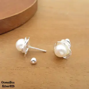 【海洋盒子】甜美漂亮天然珍珠山茶花999純銀螺旋針式耳環(螺旋貼耳耳環)