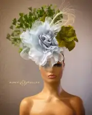 Kentucky Derby Hat Soft Blue Rose Olive Green Leaf Fascinator Melbourne Cup Hat