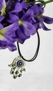 Hamsa Hand evil eye Stunning pendant gold tone leather cord necklace