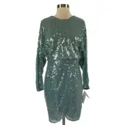 Aidan Mattox Women's Cocktail Dress Size 6 Blue Sequined Lace Long Sleeve Sheath