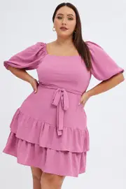 Pink Mini Dress Short Puff Sleeve Textured Waist Tie