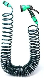 Leona Co Coil Garden Hose 15M, EVA Recoil Garden Hose, Heavy Duty Curly Coiled Water Hose, Retractable Garden Hose with 7 Function Spray Nozzle Gun