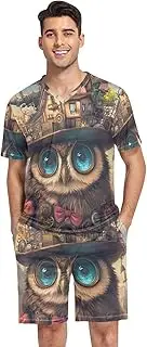 [GAIREG] Cartoon Mens Pajamas Set Short Sleeve Summer Sleepwear S-XXL, Owl With House on Head, X-Large