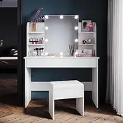 ELEGANT Dressing Table Stool Set with Mirror 10 LED Bulbs 3 Lighting Modes Vanity Desk Dimmable Makeup Desk for Bedroom Dressing Room White