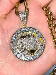 One World Globe Peace Iced Charm Icy Pendant Men's Women 14k Gold Chain Necklace