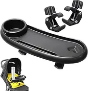 Universal Stroller Tray,Stroller Snack Tray with Cup Holder and Phone Holder Universal Pram Snack Tray Removable Reusable Pram Food Tray Non-Slip Grip Clip for Stroller Bar Black