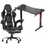 Advwin 120cm Black Gaming Desk RGB LED Light & Gaming Chair with Footrest Black White