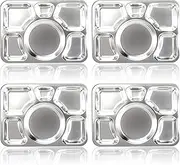 Hacaroa 4 Pack Stainless Steel Divided Dinner Plates, 15x10.6 Inches Snack Serving Plate with 6 Compartment, Metal Food Trays for Adults, Diet Food Portion Control, Picky Eaters