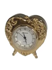 New Mini Clock Heart Shaped With Cupids In Gold Metal Japan Movement