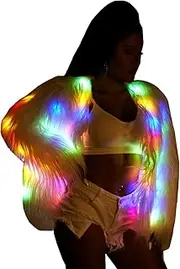 [aifuu] Women Faux Fur LED Flash Light Up Jacket Gilrs Rave Stage Costume Bithday Xmas Fancy Dress Festival Outwear