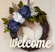 Rustic Grapevine Welcome Wreath With Blue Hydrangeas And Burlap Bow|front Door D