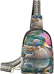 [WOIWB] Women Sling Bag with Adjustable Strap Zipper Closure-Mandarin Duck Pool Print, PU Leather Water Resistant Crossbody Fanny Pack Purse Chest Bag, Multicolor, 2.16x5.9x8.46 IN