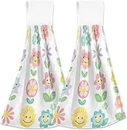 Amooorous Cute Cartoon Flowers White Background Hand Towels for Bathroom with Loop 2 Piecing washcloths Set White Cotton Dish Towels