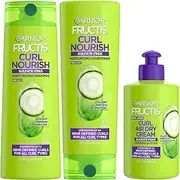 Garnier Fructis Curl Nourish Sulfate Free Moisturizing Shampoo, Conditioner + Air Dry Cream Defining Butter Set (3 Items), 1 Kit (Packaging May Vary)