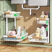 Under Sink Organizer, 2 Packs 2 Tier Under Sink Organizers and Storage, Slide out Pull out Cabinet Organizer Shelf, Metal Sliding Drawer for Kitchen Bathroom Pantry Closet Rack(White)