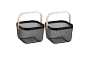 2x Boxsweden 25x25x17cm Mesh Home Storage Basket Organiser Wooden Handle Black