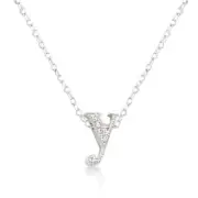 Silvertone Rhodium Plated Brass CZ Lowercase Letter Y Initial 16+2" Necklace