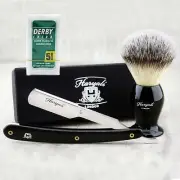 Men's Shaving Brush With Synthetic Hair & Black Cut Throat Razor For Mens