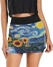 [RPLIFE] Starry Night Sunflowers Blue Running Skirts, High Waisted Skirts Short, Elastic Skirt
