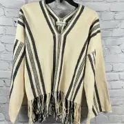 Apiece Apart Amelia Woven Fringe Poncho Sweater V-Neck Relax Cream Black XS NWT