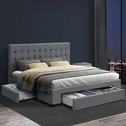 Artiss Queen Bed Frame Platform Tufted Headboard Frames Beds Base with 4 Storage Drawers Bedroom Room Decor Home Furniture, Upholstered with Grey Faux Linen Fabric + Foam + Wood