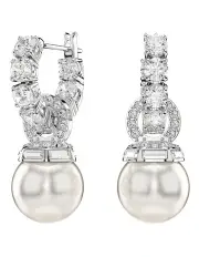 [Swarovski] Crystal Pearl Round Cut Rhodium Plated Matrix Drop Earrings in White
