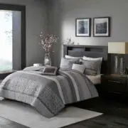 NEW! ~ MODERN CHIC LUX GREY SILVER BROWN GLAM LUXURY GEOMETRIC STRIPE QUILT SET