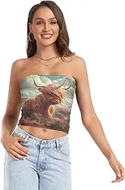 [RPLIFE] Highland Cow Unicorn Crop Tube Top, Sleeveless Crop Top, Sheer Tube Tops, Sexy Tube Tops (S)