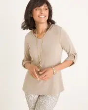 Chicos NWT Travelers Sand V-Neck Long Roll Tab Sleeve Slinky Top Size 2 (12-14)