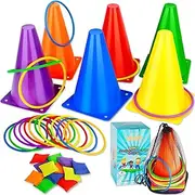 Eocolz 3 in 1 Carnival Games Set, Soft Plastic Cones Bean Bags Ring Toss Games for Kids Birthday Party Outdoor Games Supplies 26 Piece Combo Set