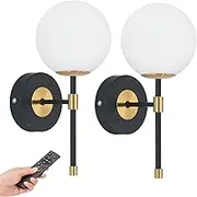 Battery Operated Globe Wall Sconces Set of 2, Black & Gold Wireless Wall Lights with Remote Control, Rechargeable 3 Color Stepless Dimming Modern Wall Decor Lamp for Bedroom Living Room Hallway