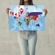 LAMINATED World Map Flag Wall Poster Map Educational For Home School 59X42cm