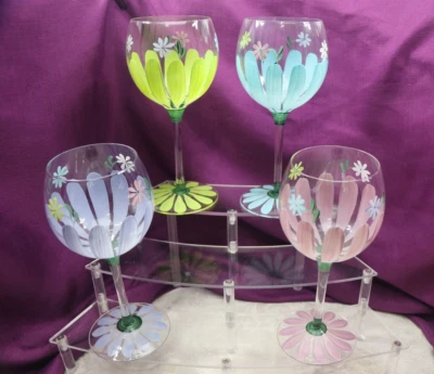 LNT Home Hand Painted Daisy 8" Glass Goblets NEW