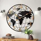 Large World Map Wall Clock, 24" Black Metal Minimalist Modern Clock Round Silent