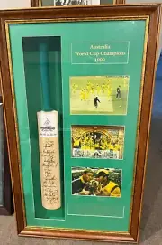 Personally Signed 1999 World Cup Bat, Steve Waugh, Shane Warne to name a few COA
