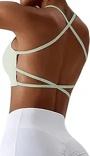 [SEAUR] Women Sports Bras Wireless Padded Workout Yoga Bras Strappy Seamless Bra Sexy Criss Cross Back Sports Bra Low Impact Athletic Crop Tank Top M Green