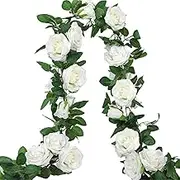 2 Pcs Artificial Rose Flowers Garland, White Fake Rose Flower Vine, Fake Silk White Rose Garland, Hanging Floral Garland for Wedding Arch Ceremony Home Garden Outdoor Wall Decorations