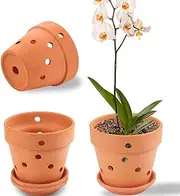 NiSevenLiving 6 Inches Terracotta Orchid Pots with Holes - Set of 3 Clay Orchid Planter Pots for Repotting, Small Flower Planter with Saucer for Plant Indoor or Outdoor Promotes Air Circulation